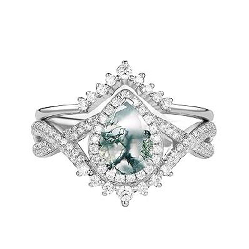 Sterling Silver Personalized Engraved 10K 14K 18K Gold Kite Moss Agate Bridal Promise Wedding Ring Set