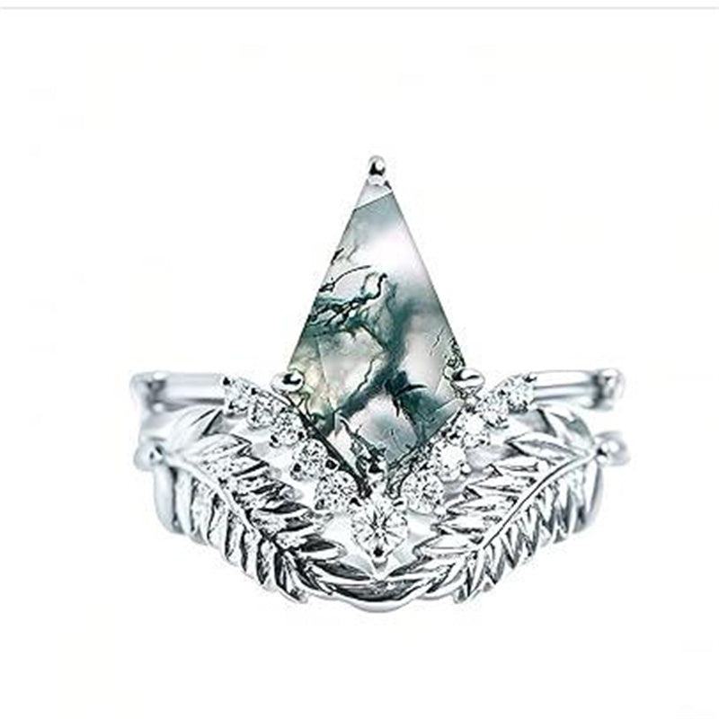 Sterling Silver Personalized Engraved 10K 14K 18K Gold Kite Moss Agate Bridal Promise Wedding Ring Set