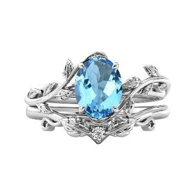 Sterling Silver 10K 14K Gold Leaf Oval Cut Vine Gemstone Set Engagement Wedding Ring