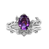 Sterling Silver 10K 14K Gold Leaf Oval Cut Vine Gemstone Set Engagement Wedding Ring