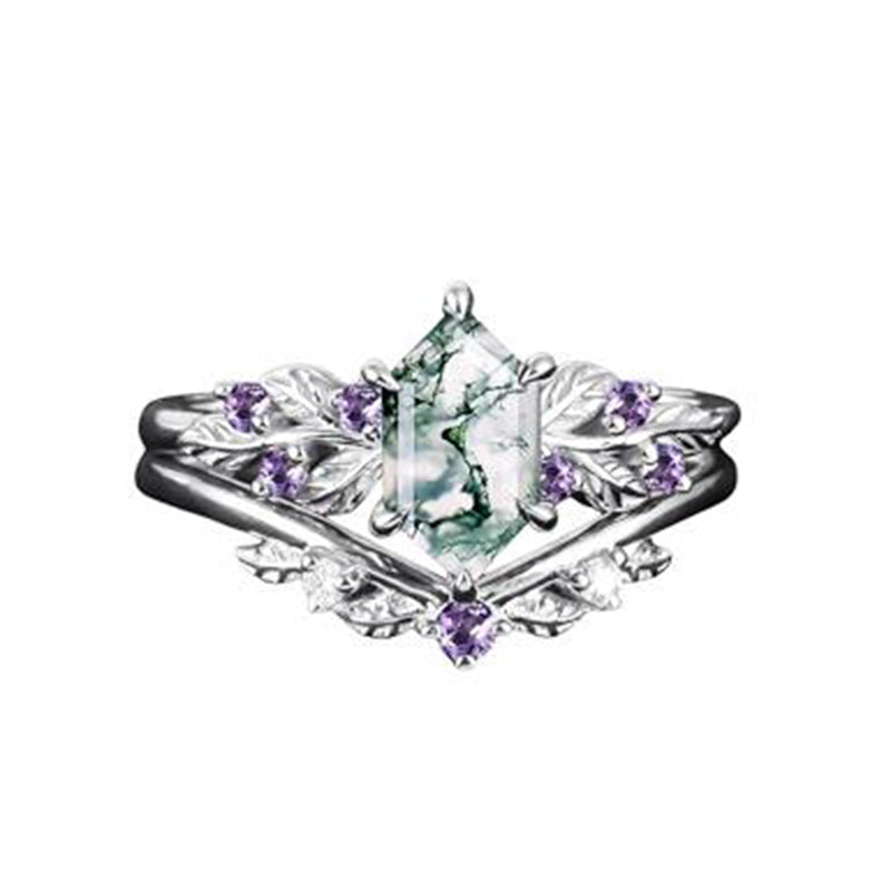 Sterling Silver 10K 14K 18K Long Hexagon Leaf Unique Vine Moss Agate Engagement Wedding Anniversary Ring Set