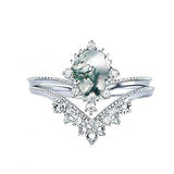 Sterling Silver Personalized Engraved 10K 14K 18K Gold Kite Moss Agate Bridal Promise Wedding Ring Set