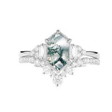 Sterling Silver Personalized Engraved 10K 14K 18K Gold Kite Moss Agate Bridal Promise Wedding Ring Set