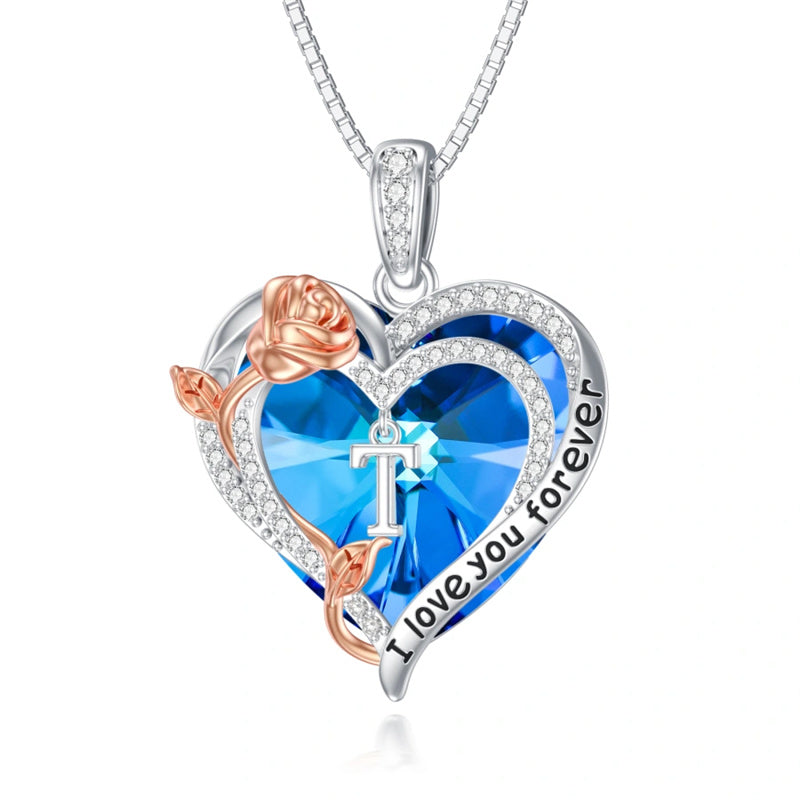 Sterling Silver Heart Crystal Initial Rose Pendant Necklace