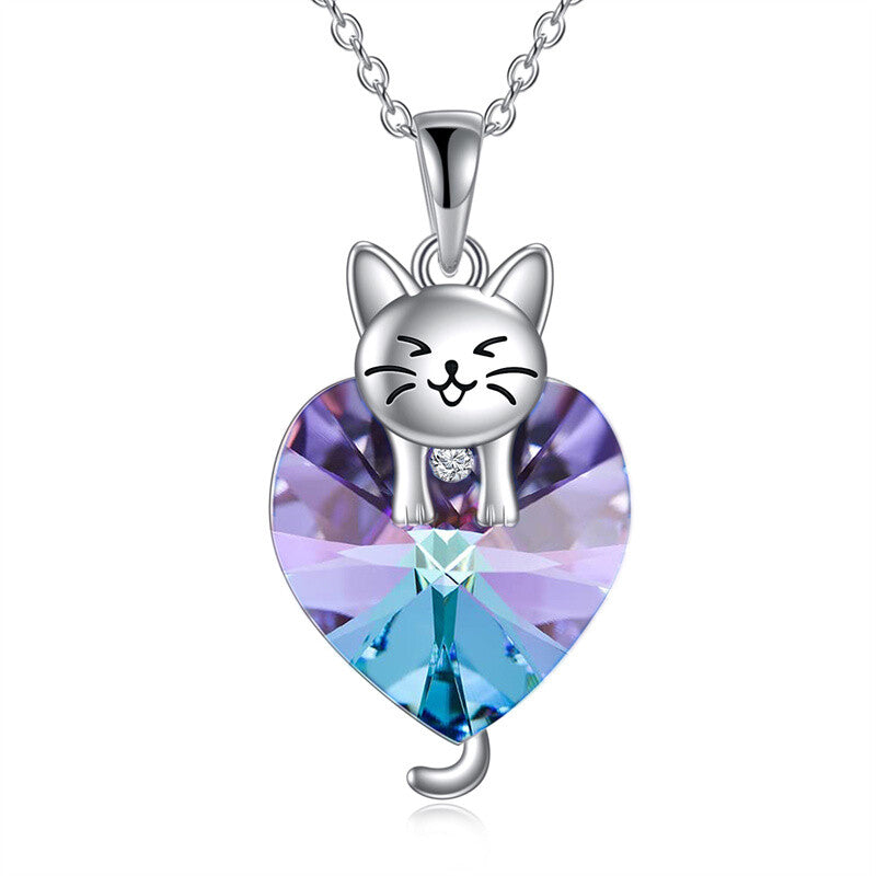 Silver Cat 12 Month Birthstone Pendant Necklace