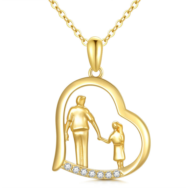 10K 14K 18K Gold Father Daughter Heart Pendant Necklace For Gift
