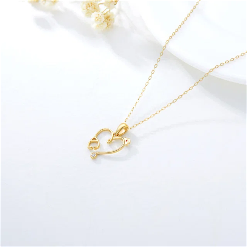 14K Gold Heart-Shaped Stethoscope Pendant Necklace
