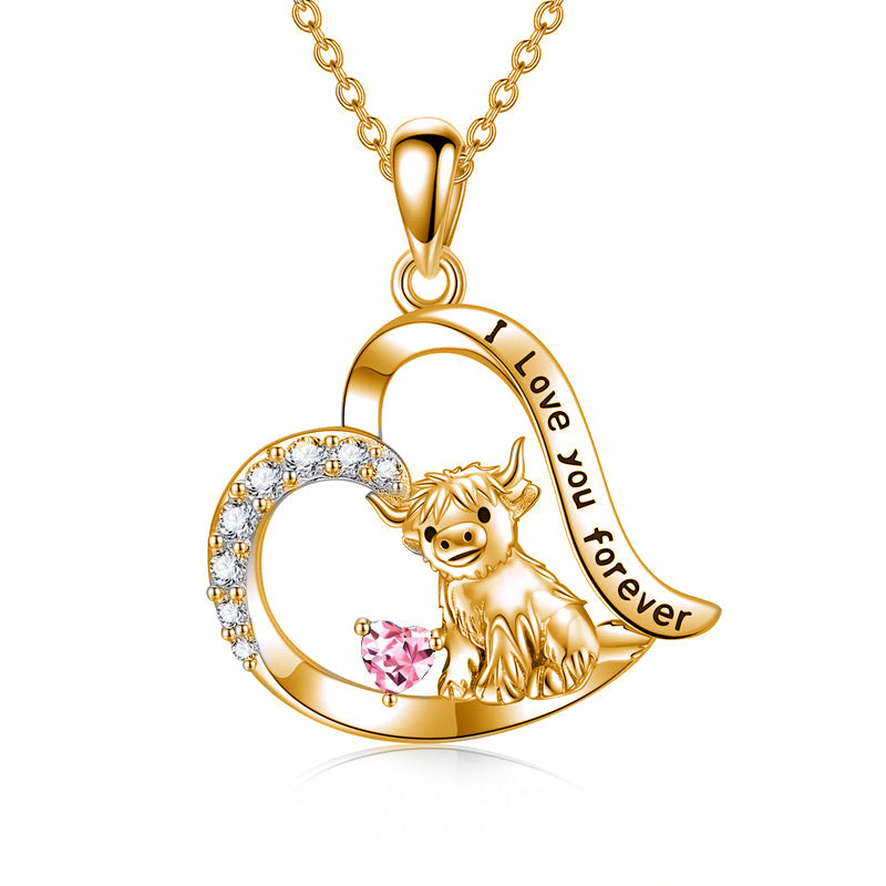 14K Gold 12 Months Birthstone Highland Cow Pendant Necklace