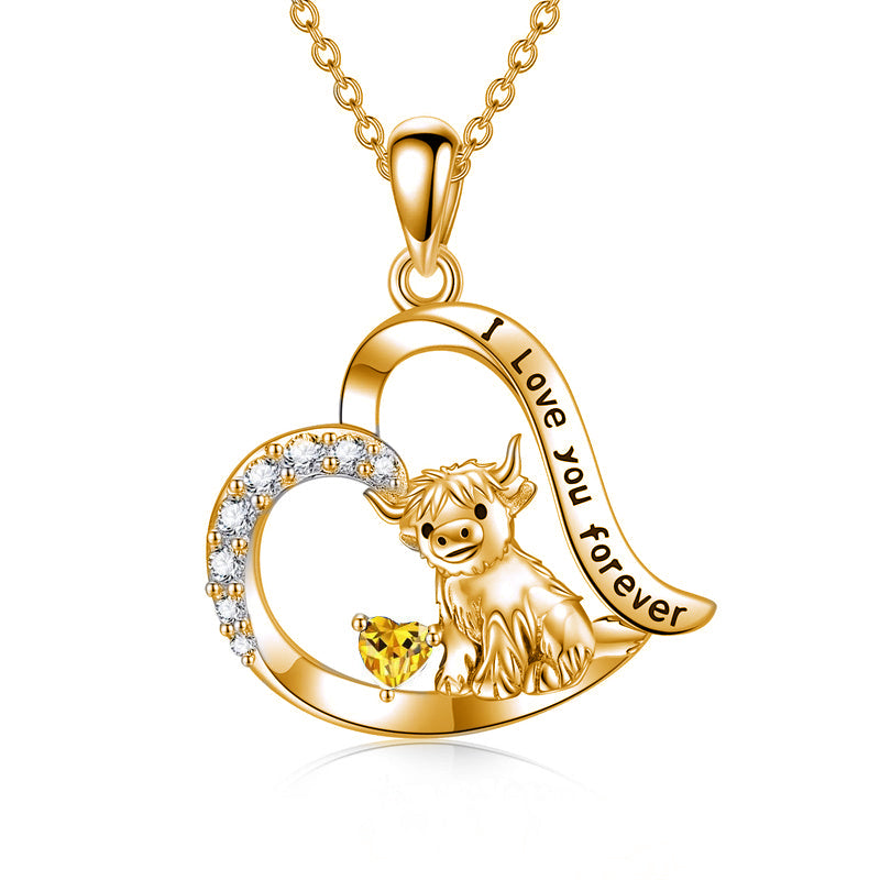 14K Gold 12 Months Birthstone Highland Cow Pendant Necklace