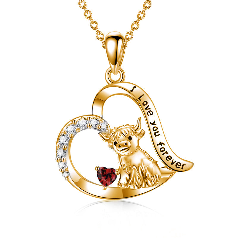 14K Gold 12 Months Birthstone Highland Cow Pendant Necklace