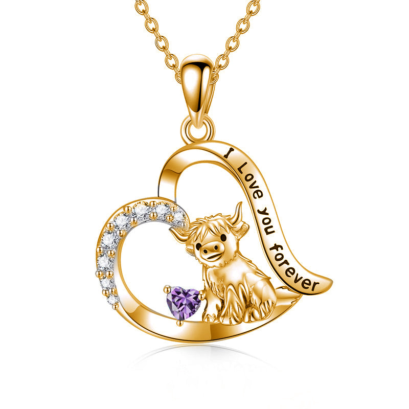 14K Gold 12 Months Birthstone Highland Cow Pendant Necklace