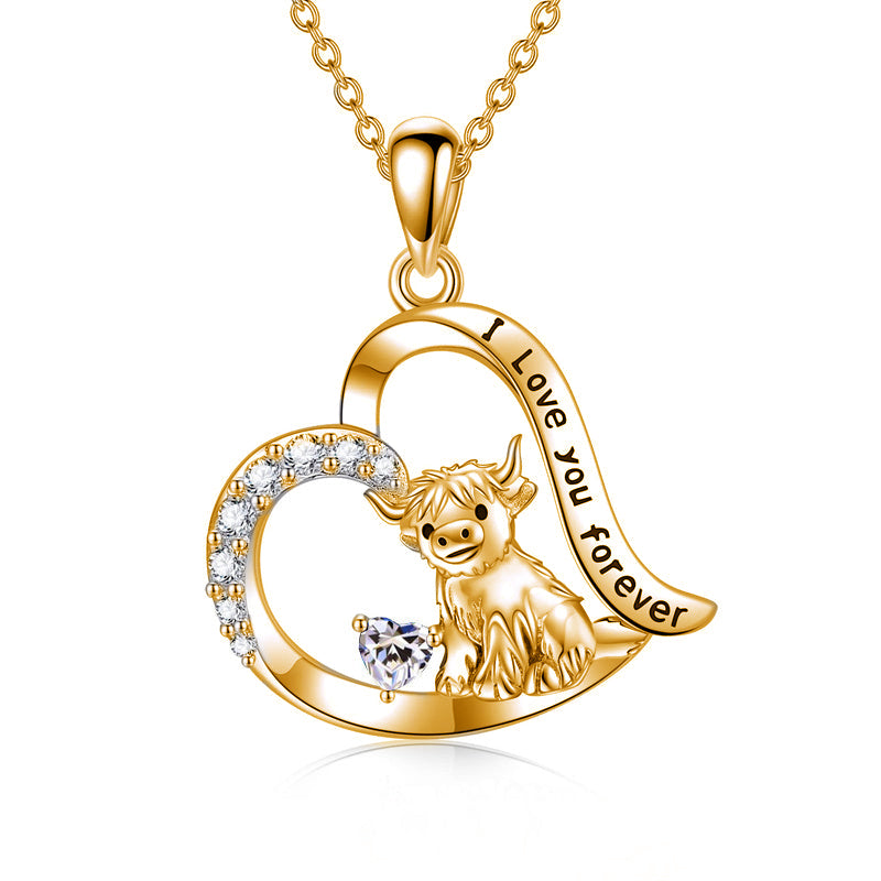14K Gold 12 Months Birthstone Highland Cow Pendant Necklace