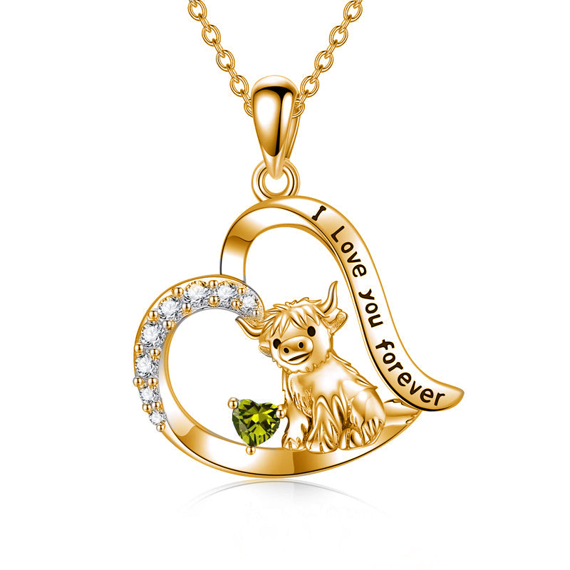 14K Gold 12 Months Birthstone Highland Cow Pendant Necklace