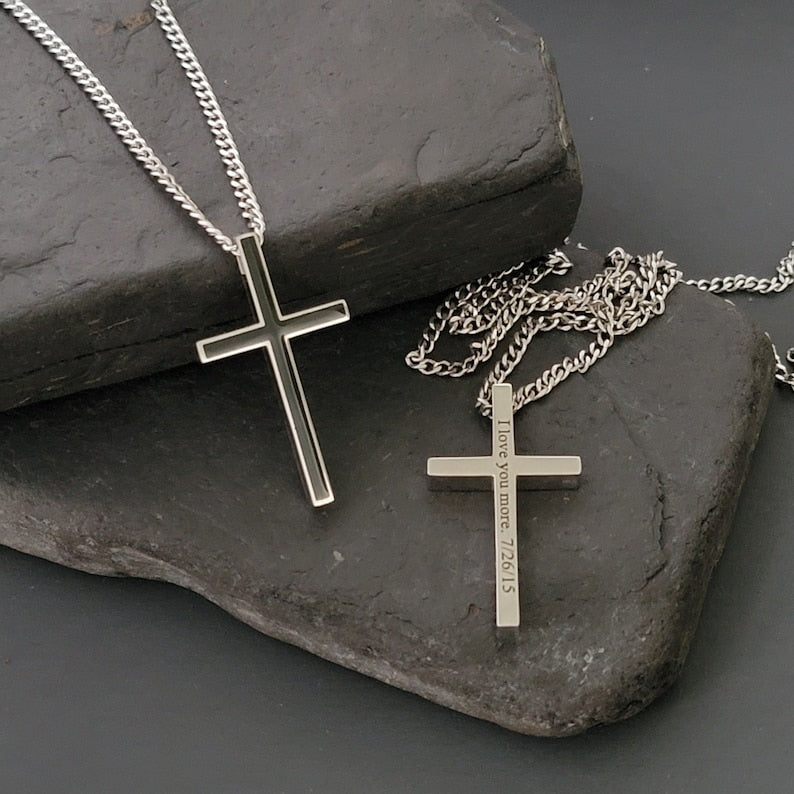Stainless Steel Engraved Cross Necklace Personalized Cross Pendant For Men Father's Day Gift