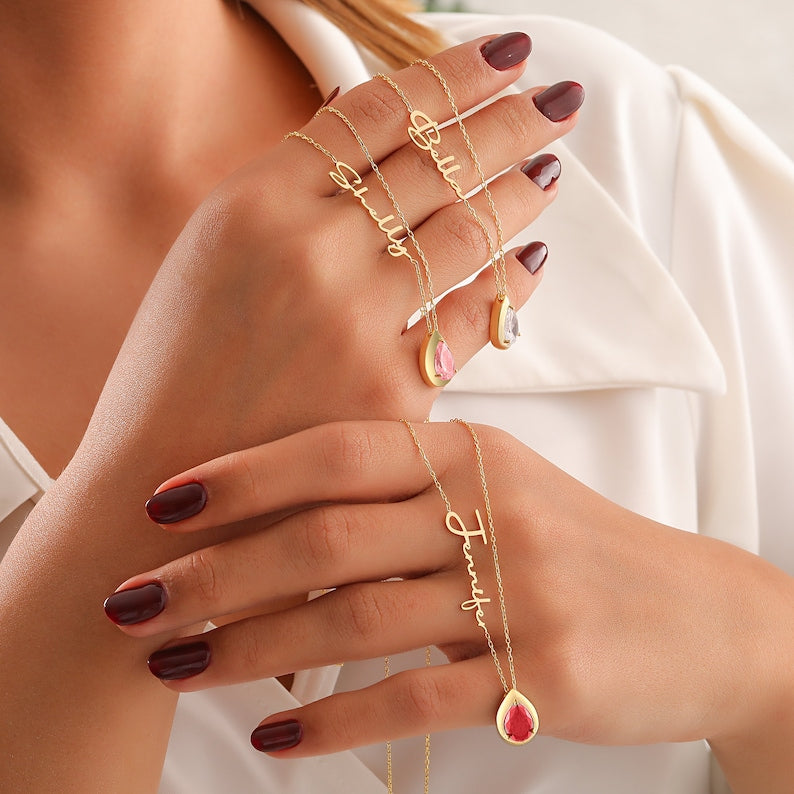 Sterling Silver Personalized Name Birthstones Pendant Necklace