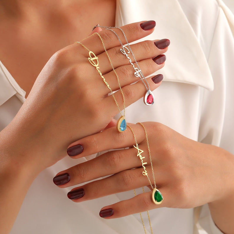 Sterling Silver Personalized Name Birthstones Pendant Necklace