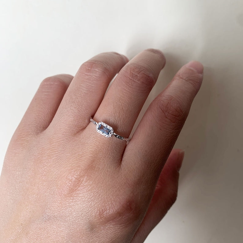 Sterling Silver Natural Moss Agate  Ring with Opal, Blue Topaz, Baguette, and Cubic Zirconia