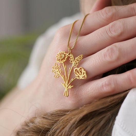 Sterling Silver Personalized Birth Flower Bouquet Pendant Necklace