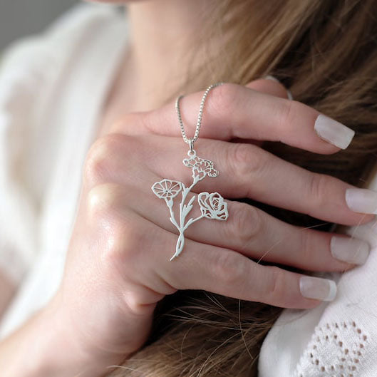 Sterling Silver Personalized Birth Flower Bouquet Pendant Necklace