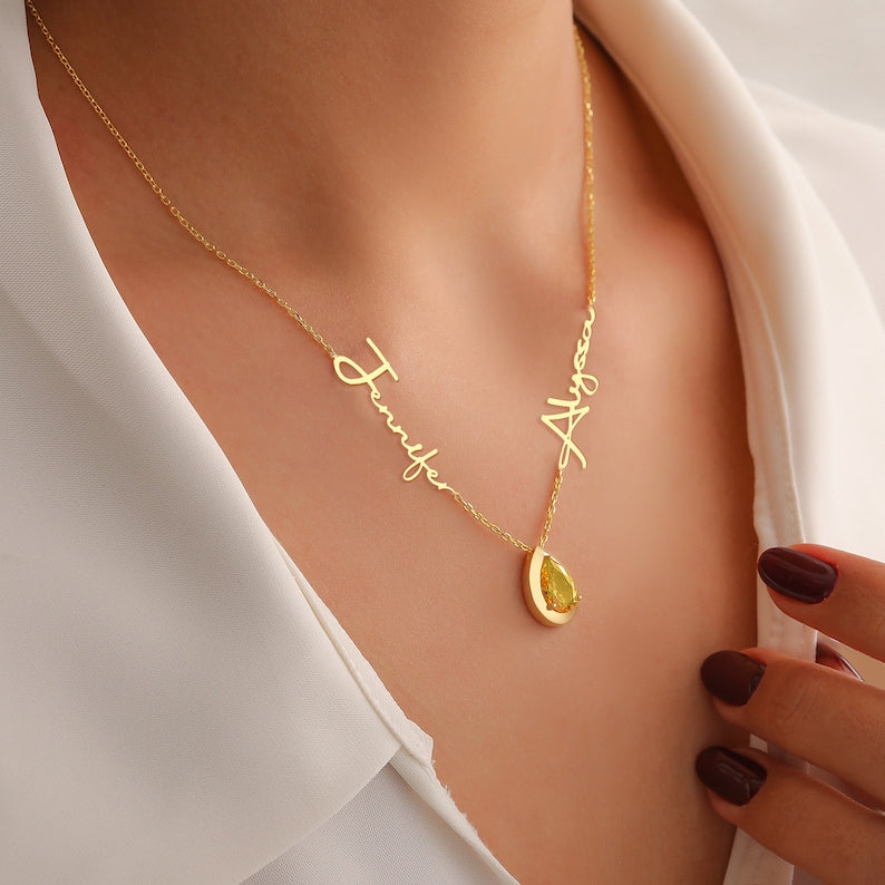 Silver Personalized Birthstone Multiple Name Pendant Necklace