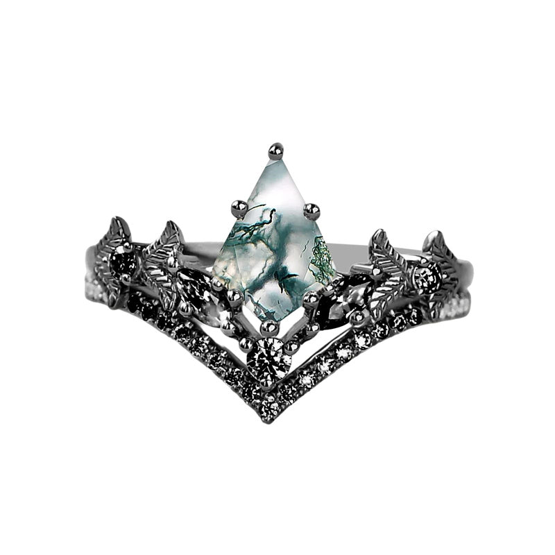 Sterling Silver Personalized Engraved 10K 14K 18K Gold Kite Moss Agate Bridal Promise Wedding Ring Set