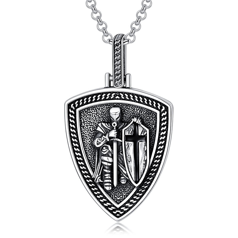 Sterling Silver Knights Templar & Cross Shield Pendant Necklace for Men