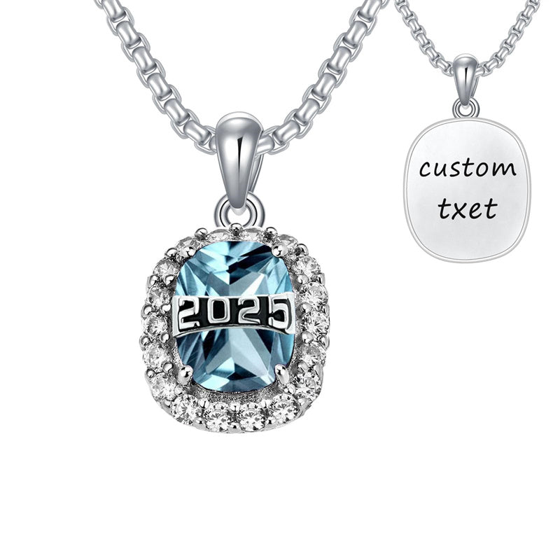 Sterling Silver Oval Personalized Text and Birthstone Class Pendant Necklace Graduation Jewelry