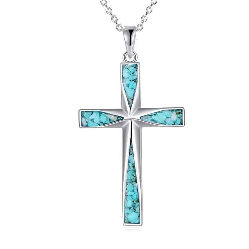 Sterling Silver Abalone Shell Turquoise Origami Cross Pendant Necklace