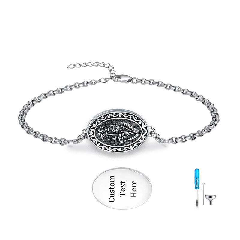 Sterling Silver 12-Month Birth Flower Urn Bracelet for Ashes