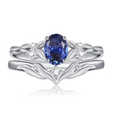 Sterling Silver 10K 14K 18K Gold  Oval Cut Unique Vine Gemstone Wedding Ring Set