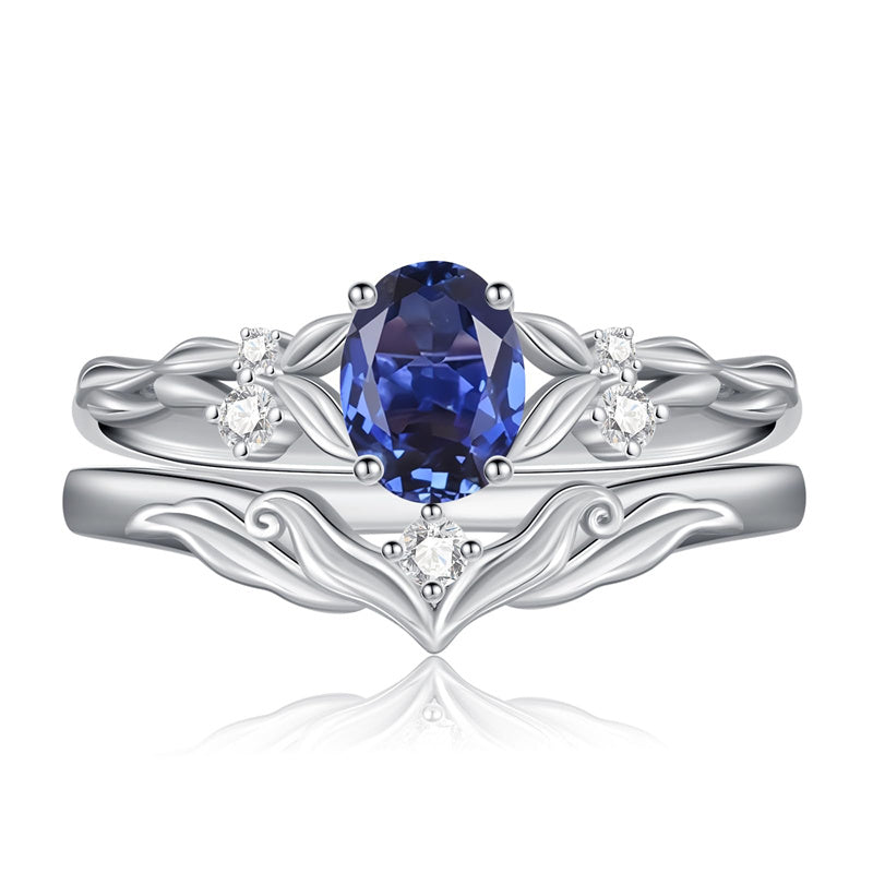 Sterling Silver 10K 14K 18K Gold  Oval Cut Unique Vine Gemstone Wedding Ring Set