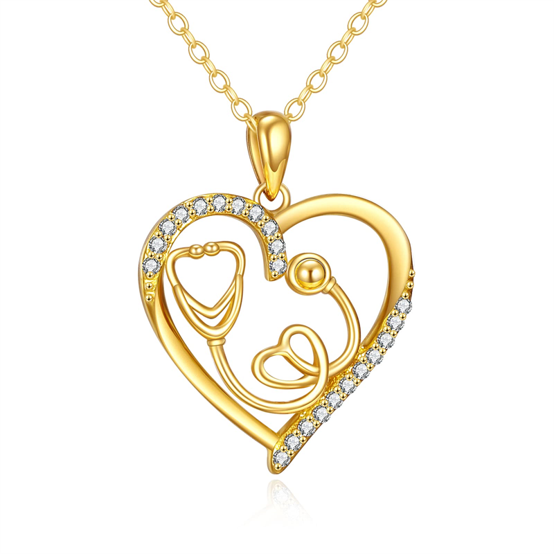 14K Gold Heart-Shaped Stethoscope Pendant Necklace
