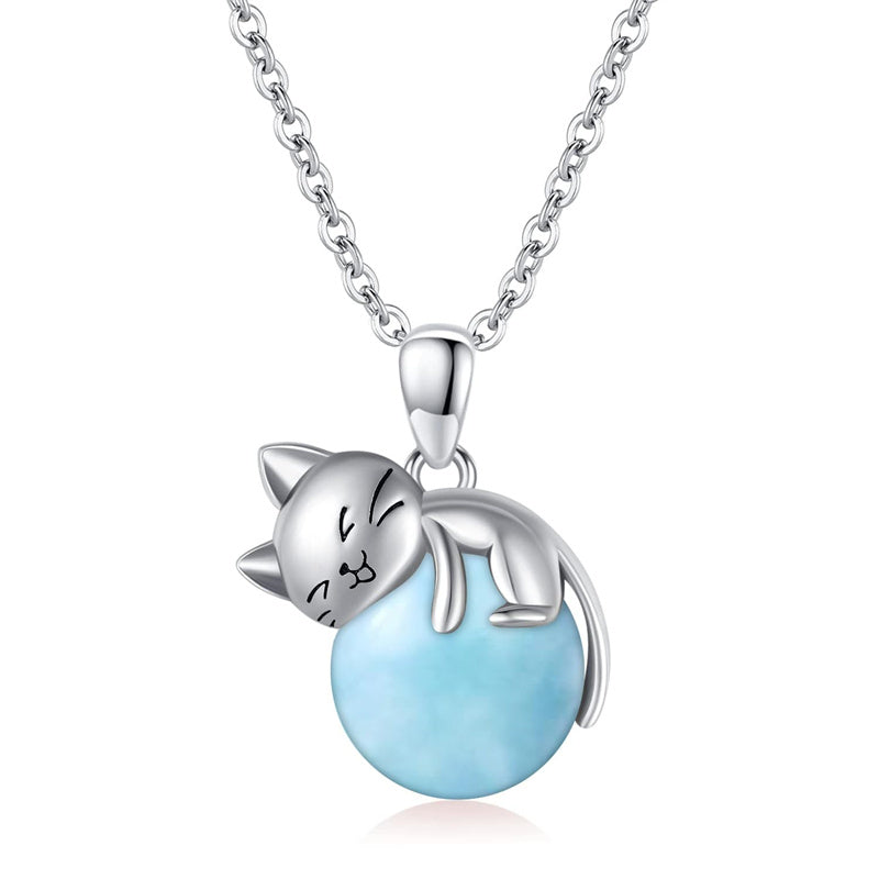 Sterling Silver Turquoise Larimar Labradorite Moss Agate Blue Sandstone  Cat Pendant Necklace