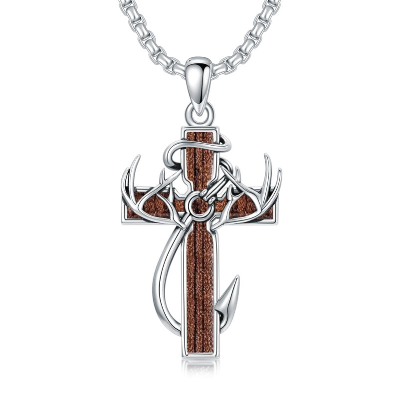 Sterling Silver Fish Hook Cross Pendant Necklace for Men