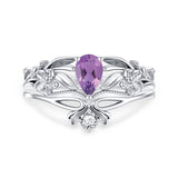 Sterling Silver Pear Shaped Gemstone Engagement Rings Set for Women