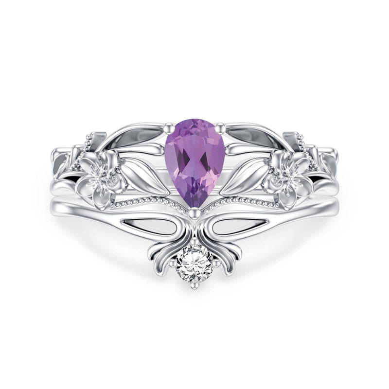 Sterling Silver Pear Shaped Gemstone Engagement Rings Set for Women