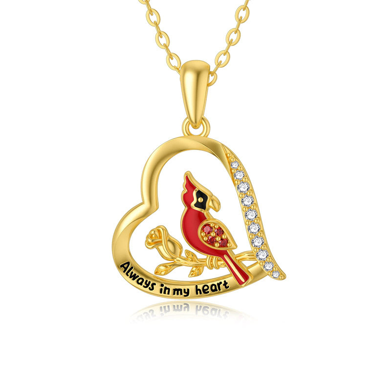 14K Gold Red Cardinal Bird Pendant Necklace Engraved With Always in My Heart