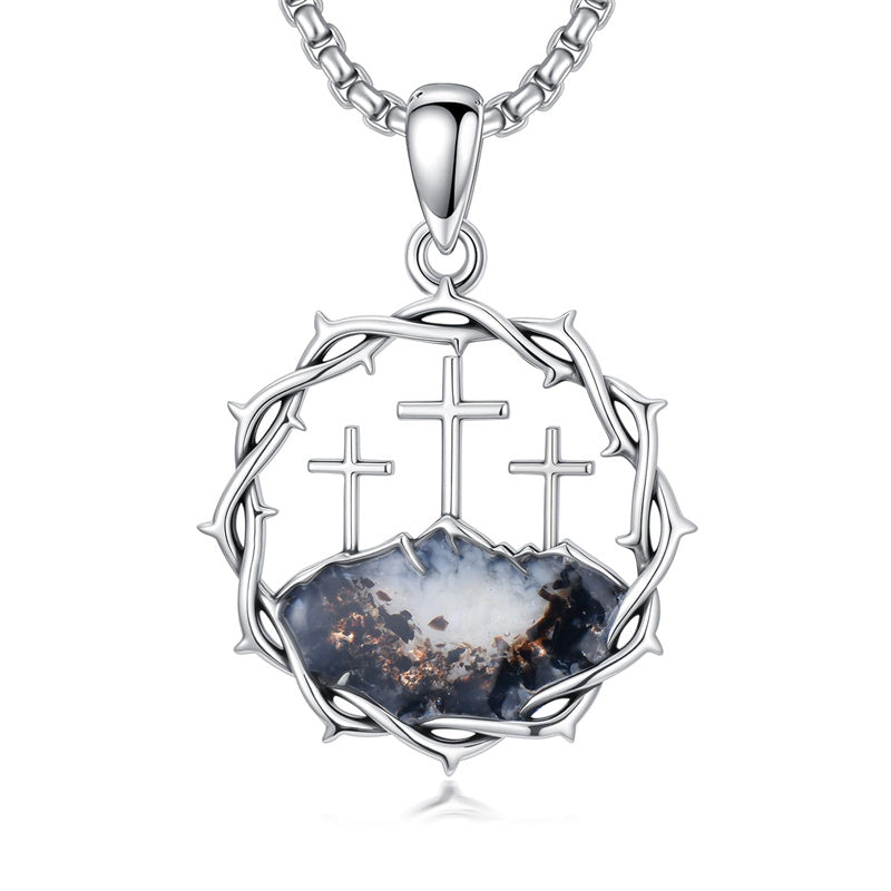 Sterling Silver Crown of Thorns Crucifix Cross Pendant Necklace for Men