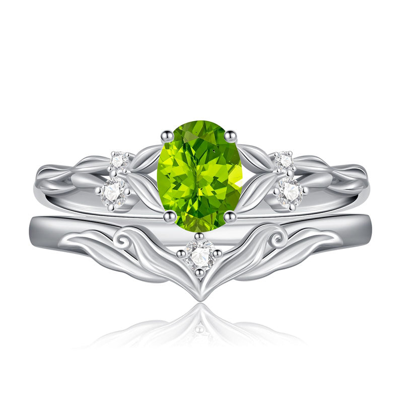 Sterling Silver 10K 14K 18K Gold  Oval Cut Unique Vine Gemstone Wedding Ring Set