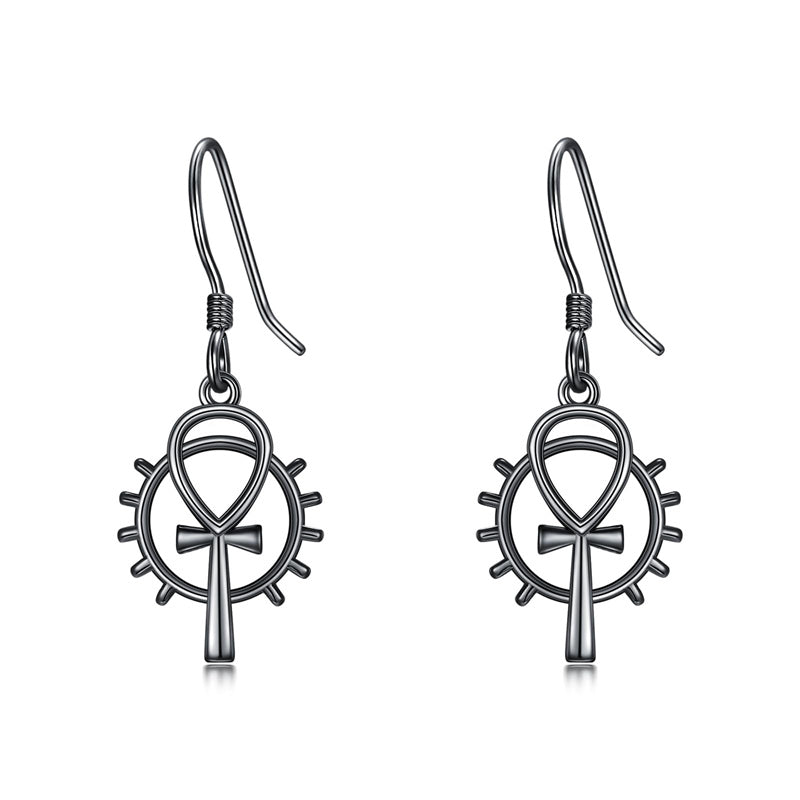 Sterling Silver Medieval Sword Dangle Cross Knives  Ankh Drop Earrings