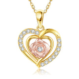 14K Yellow Gold Rose Heart Pendant Necklace
