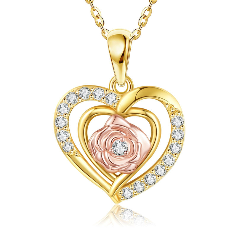14K Yellow Gold Rose Heart Pendant Necklace