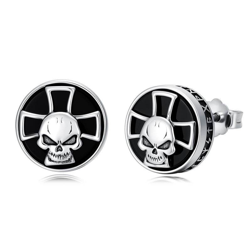 Sterling Silver Black Onyx Tree of Life Ankh Cross Skull Valknu Viking Stud Earrings