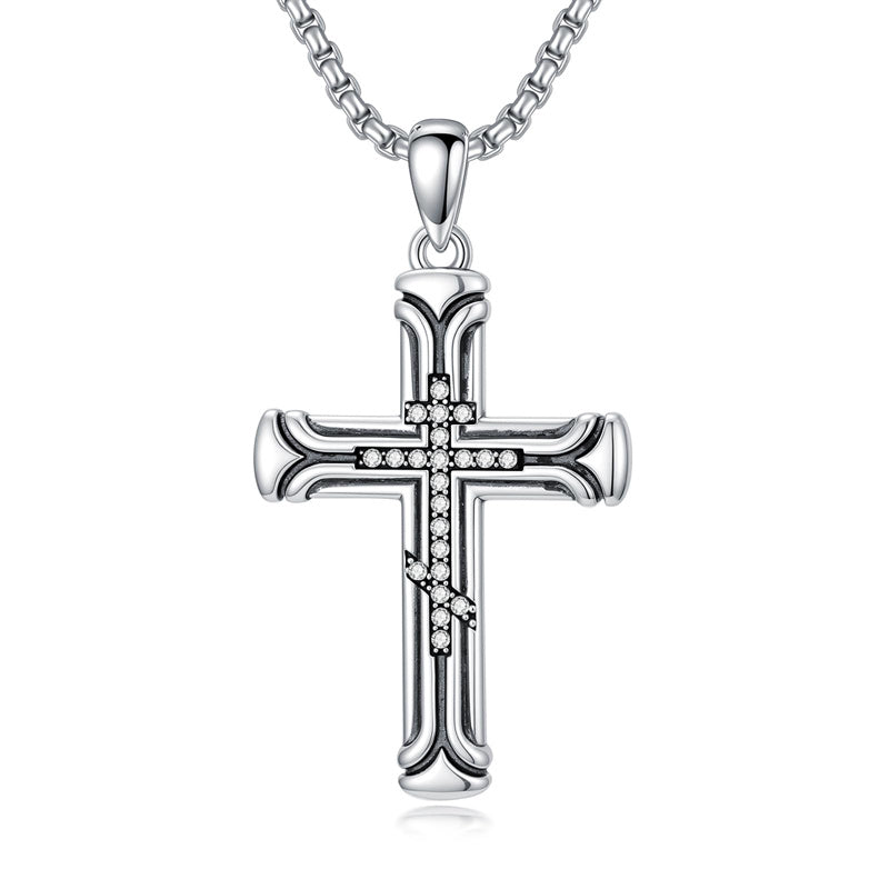 Sterling Silver Cross Christian Pendant Necklace for Men