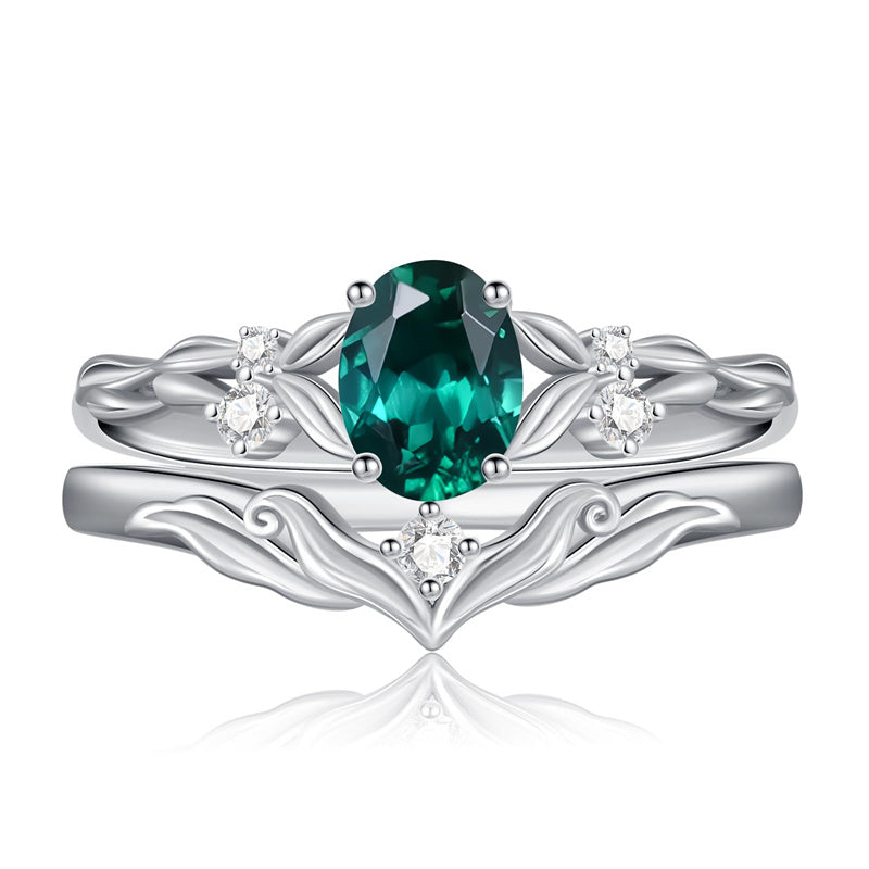 Sterling Silver 10K 14K 18K Gold  Oval Cut Unique Vine Gemstone Wedding Ring Set