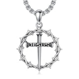 Sterling Silver Crown of Thorns Crucifix Cross Pendant Necklace for Men