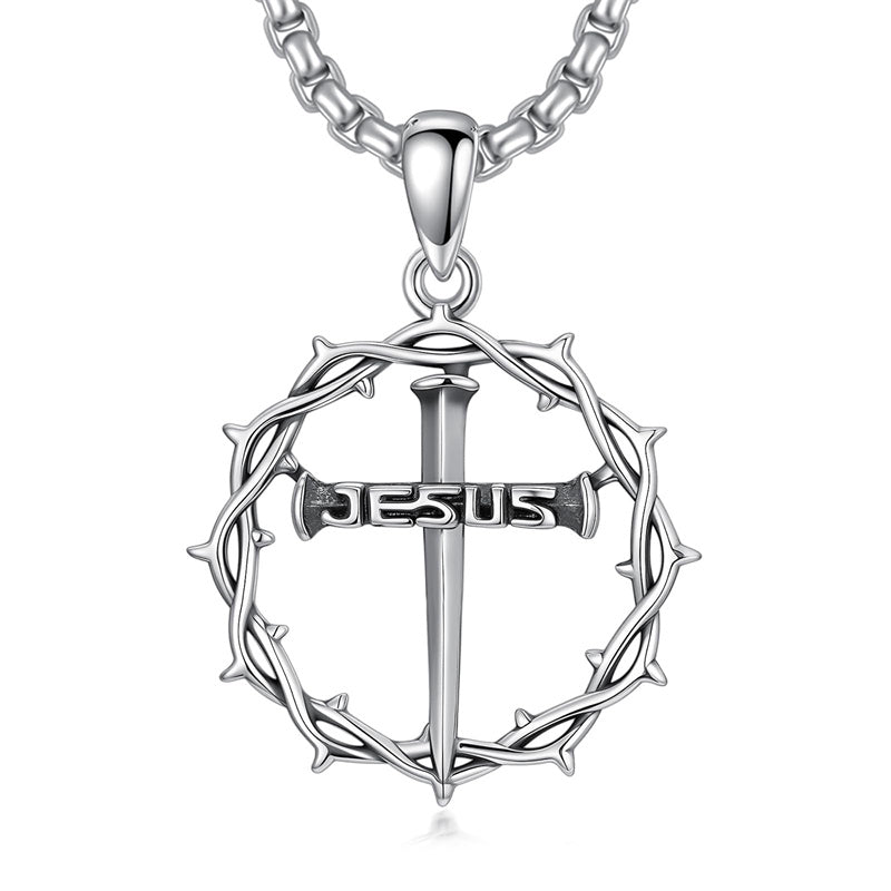 Sterling Silver Crown of Thorns Crucifix Cross Pendant Necklace for Men