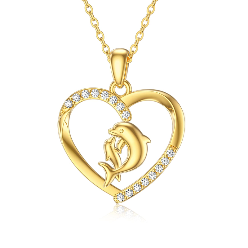 14k Solid Gold Dolphin & Mother Daughter Love Heart Pendant Necklace