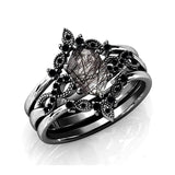 Sterling Silver 10K 14K 18K Personalized Engraved 2CT Natural Black Rutilated Quartz Engagement Ring Set