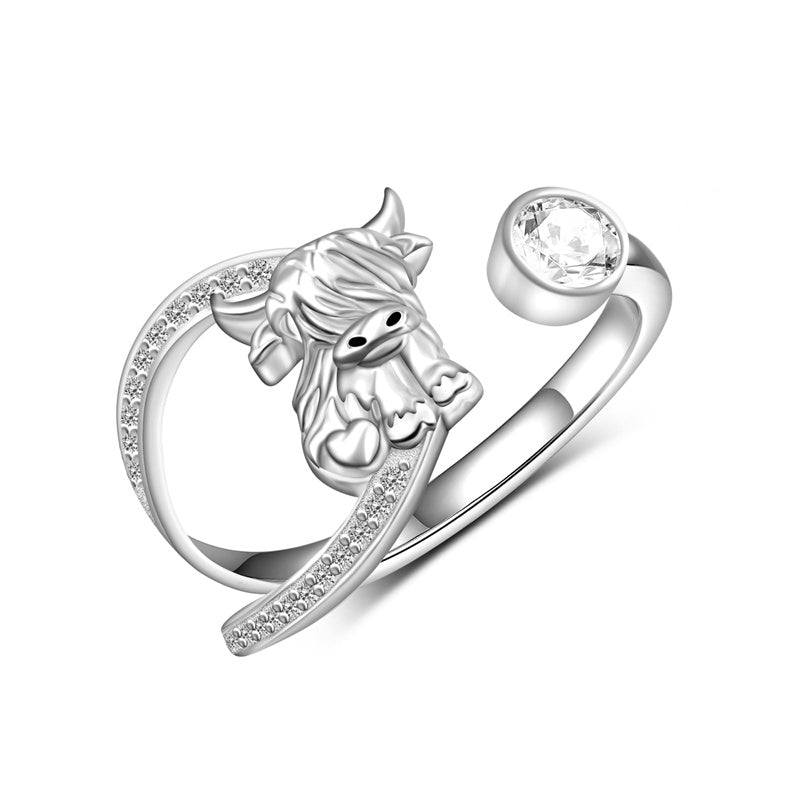 Sterling Silver Birthstone AdjustableHighland Cow Ring